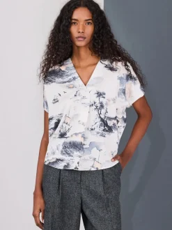 Abstract Boat Print Short Sleeve V-Neck Blouse