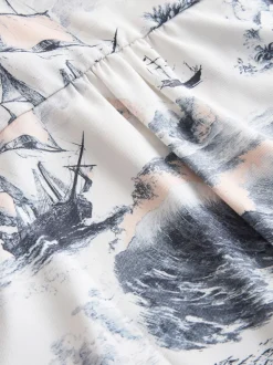 Abstract Boat Print Short Sleeve V-Neck Blouse