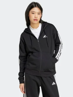 adidas Black Essentials 3-Stripes Full Zip Fleece Hoodie