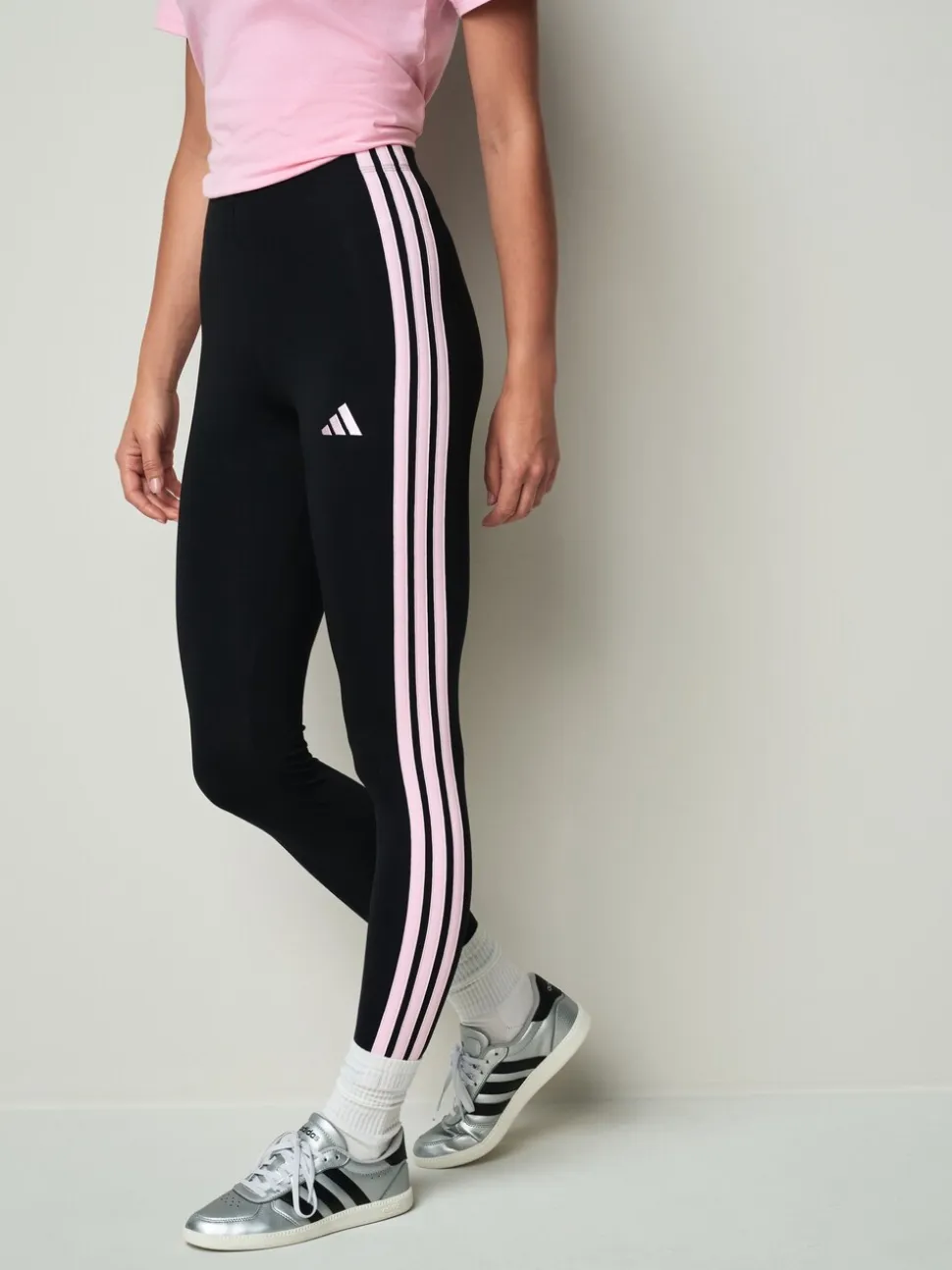 adidas Black/Pink Essentials 3-Stripes Cotton Leggings