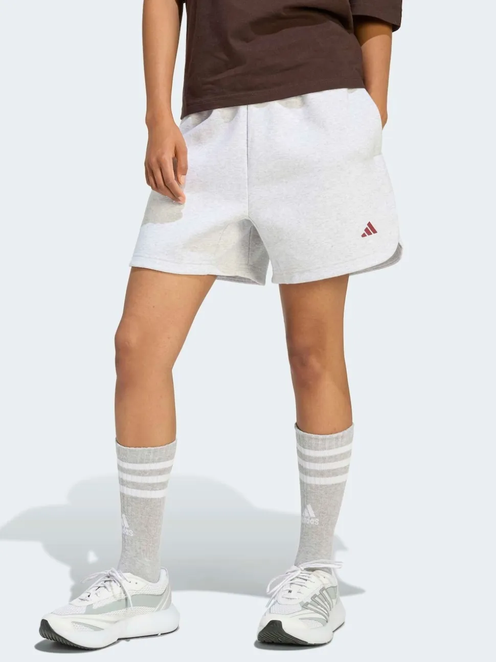 adidas Light Grey 3 Stripe Studio Fleece Shorts