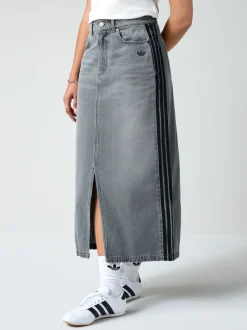 adidas Originals Grey Adicolour 3-Stripes Denim Midi Pencil 100% Cotton Skirt