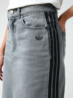 adidas Originals Grey Adicolour 3-Stripes Denim Midi Pencil 100% Cotton Skirt