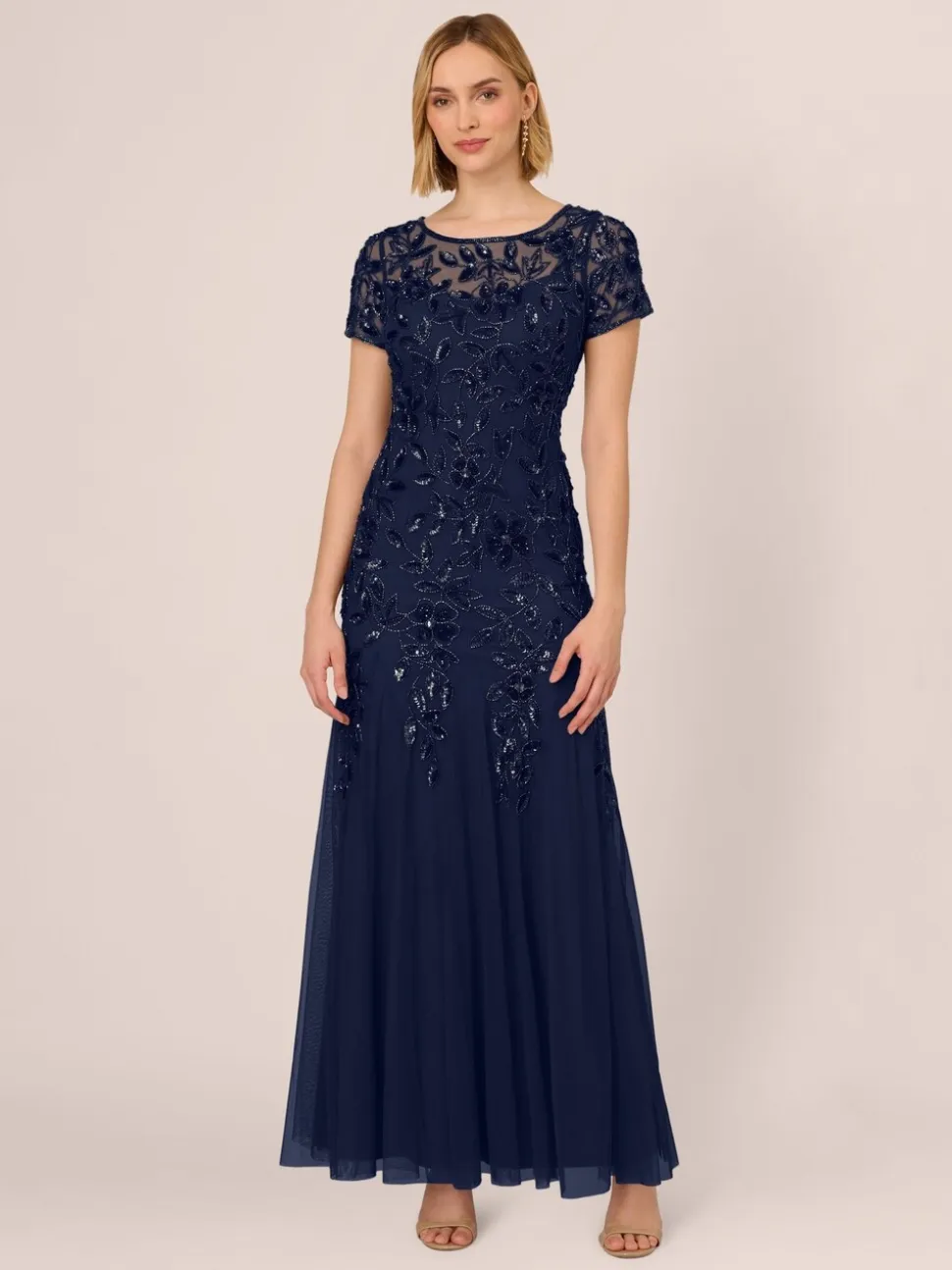 Adrianna Papell Bead Long Dress With Godets