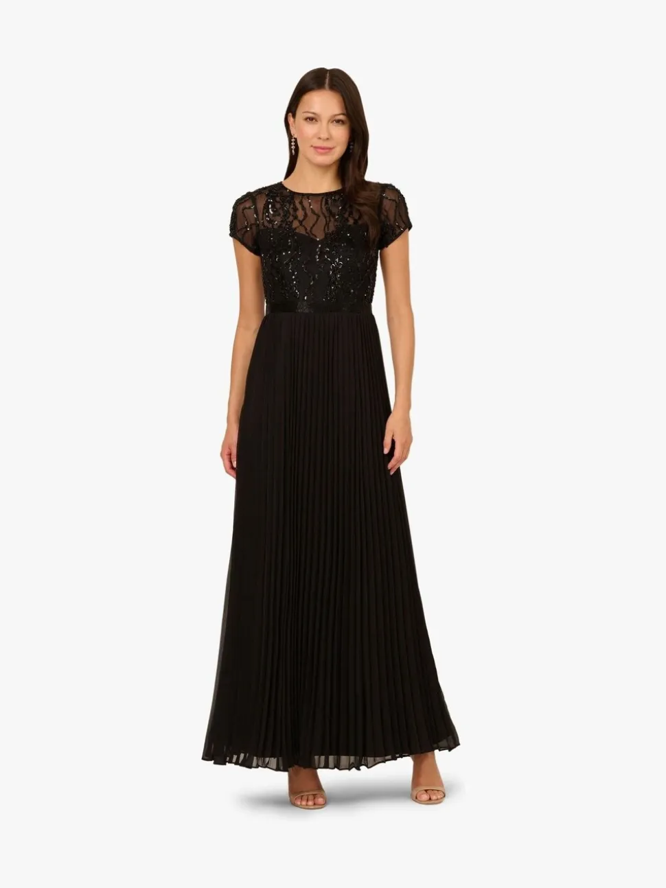 Adrianna Papell Black Bead Pleat Long Dress
