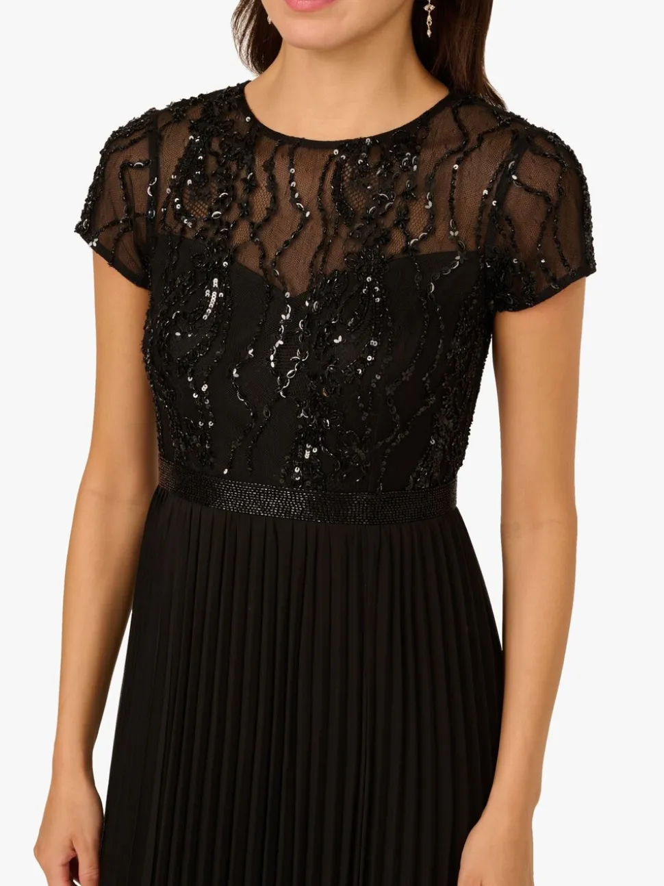 Adrianna Papell Black Bead Pleat Long Dress