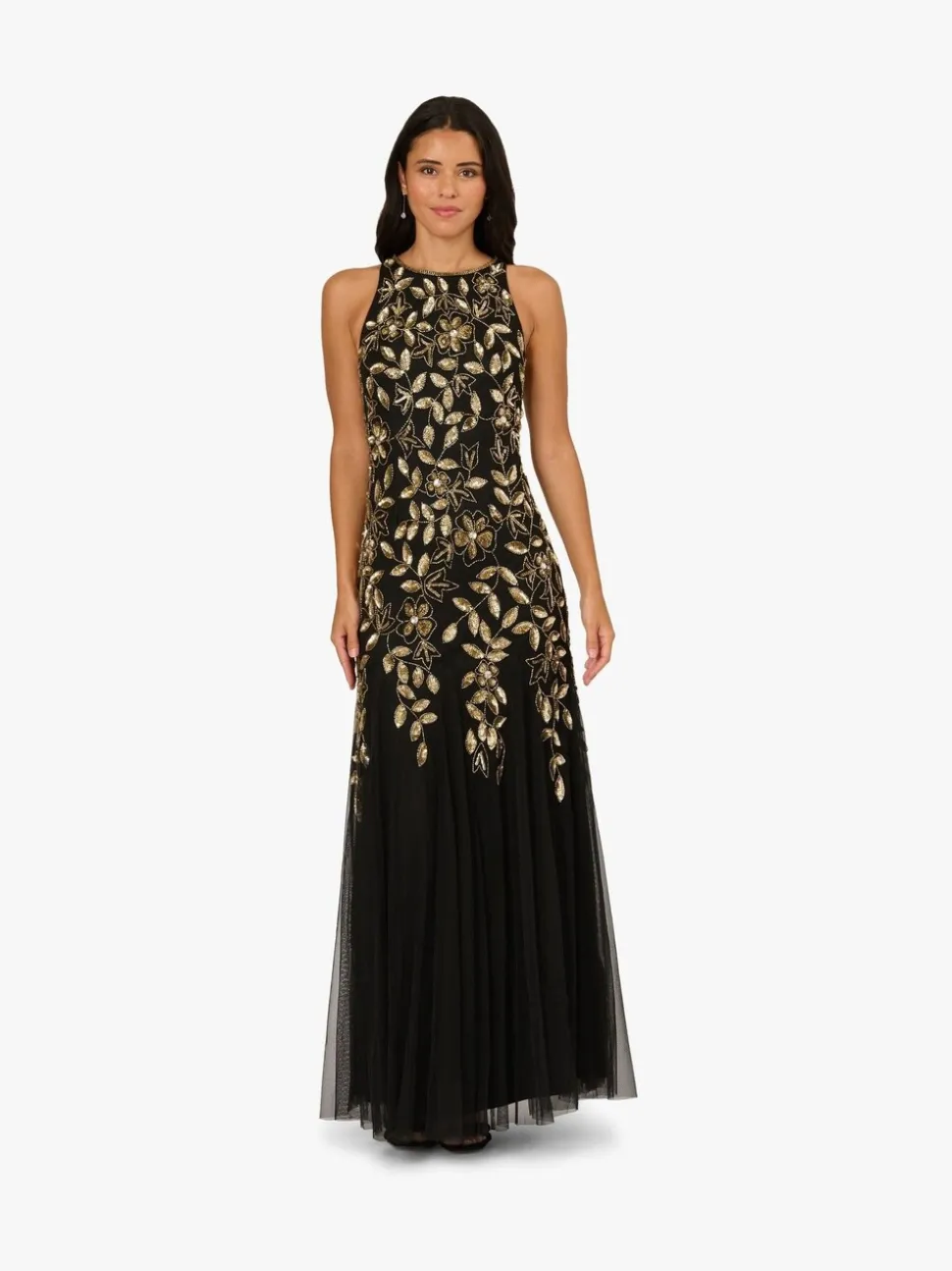 Adrianna Papell Black Halter Bead Godet Dress