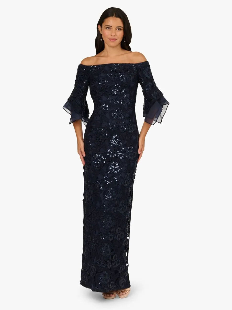 Adrianna Papell Blue Sequin Lace Combo Column Gown