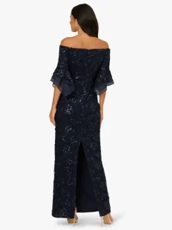 Adrianna Papell Blue Sequin Lace Combo Column Gown