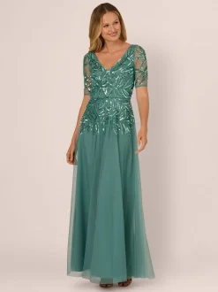 Adrianna Papell Green Studio Beaded Mesh Long Dress