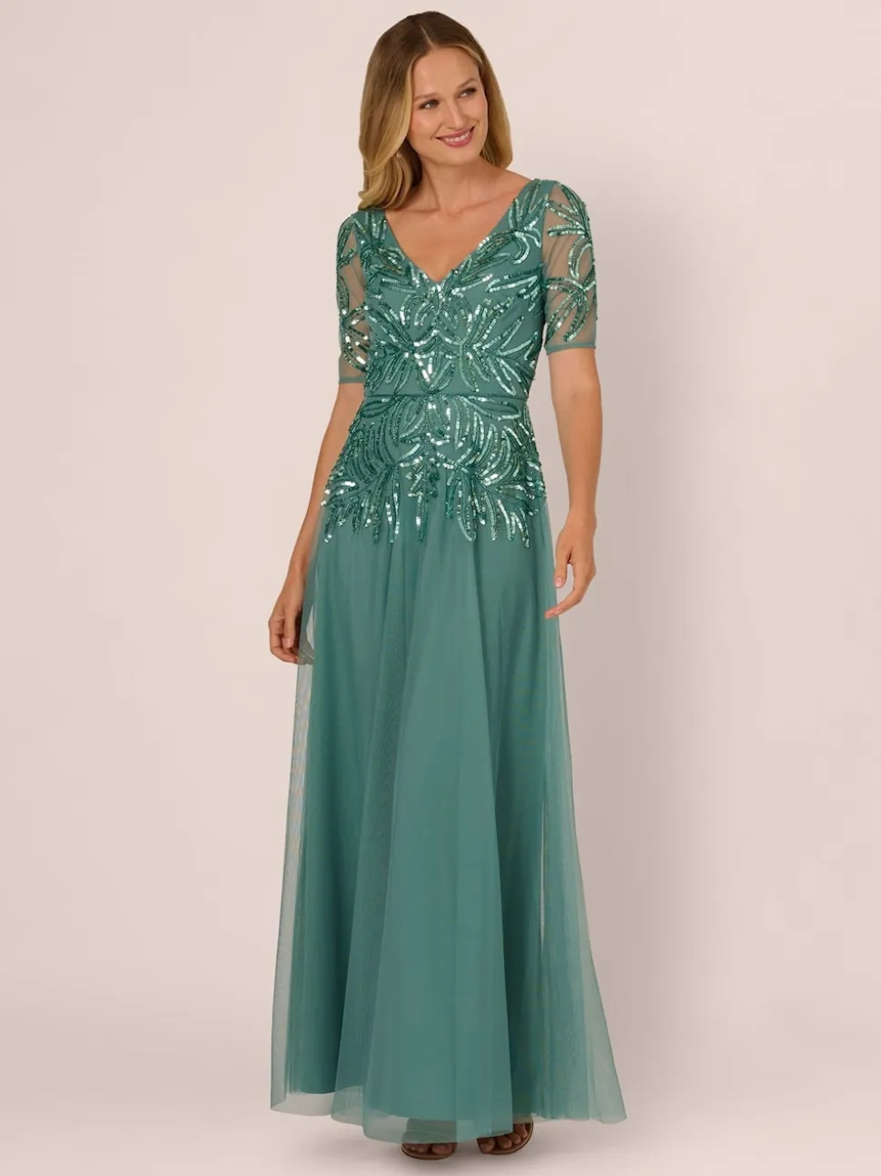Adrianna Papell Green Studio Beaded Mesh Long Dress