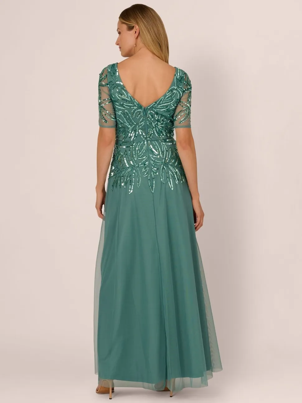 Adrianna Papell Green Studio Beaded Mesh Long Dress