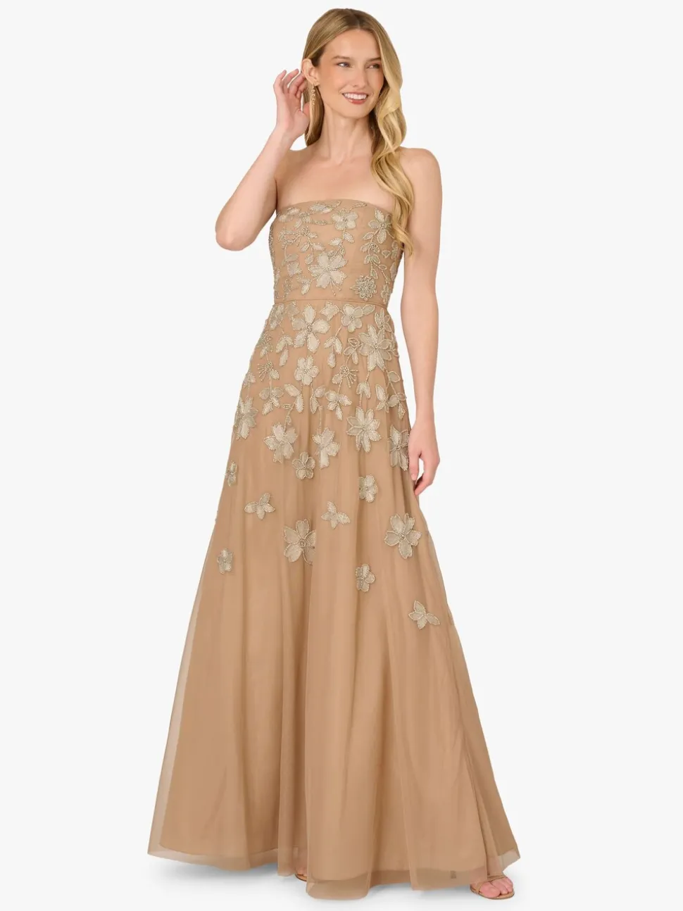 Adrianna Papell Natural Strapless Beaded Mesh Dress