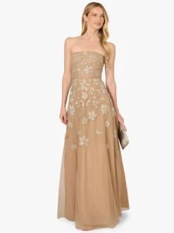 Adrianna Papell Natural Strapless Beaded Mesh Dress