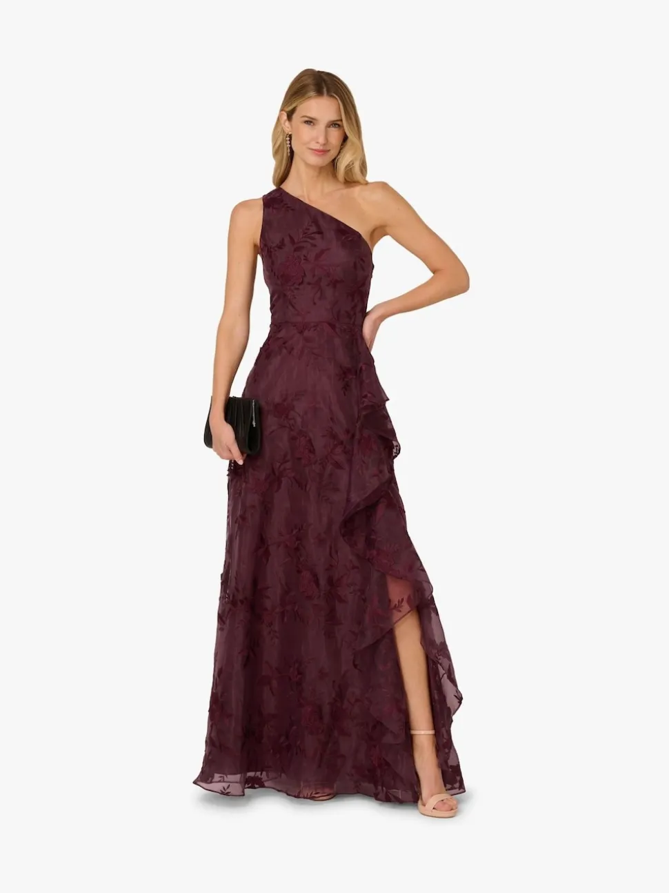 Adrianna Papell Purple Embroidered Ruffle Gown