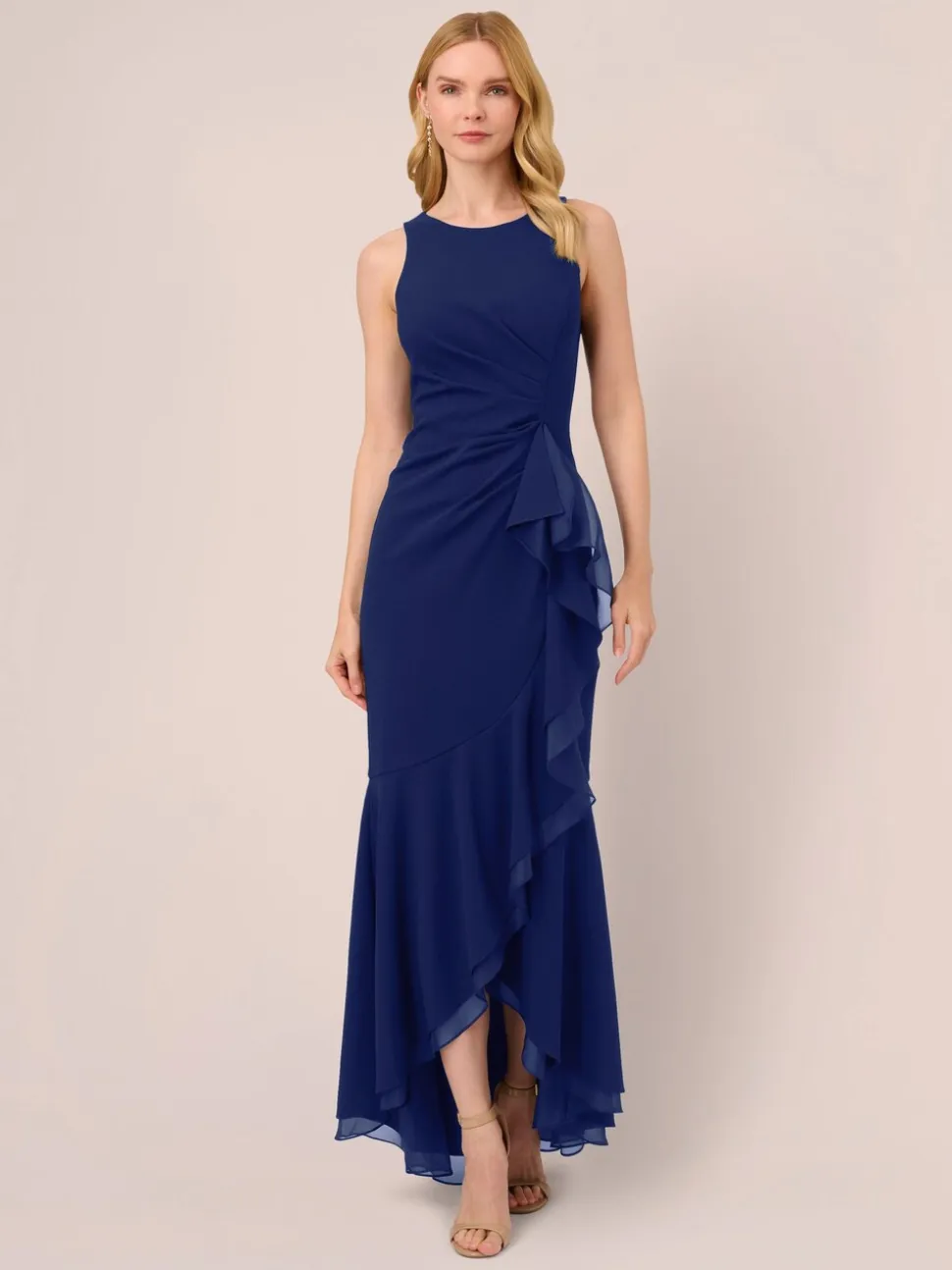 Adrianna Papell Ruffle Crepe Halter Gown