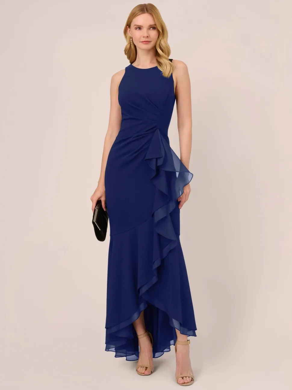 Adrianna Papell Ruffle Crepe Halter Gown