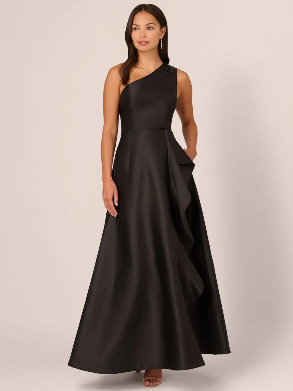 Adrianna Papell Studio One Shoulder Mikado Black Gown