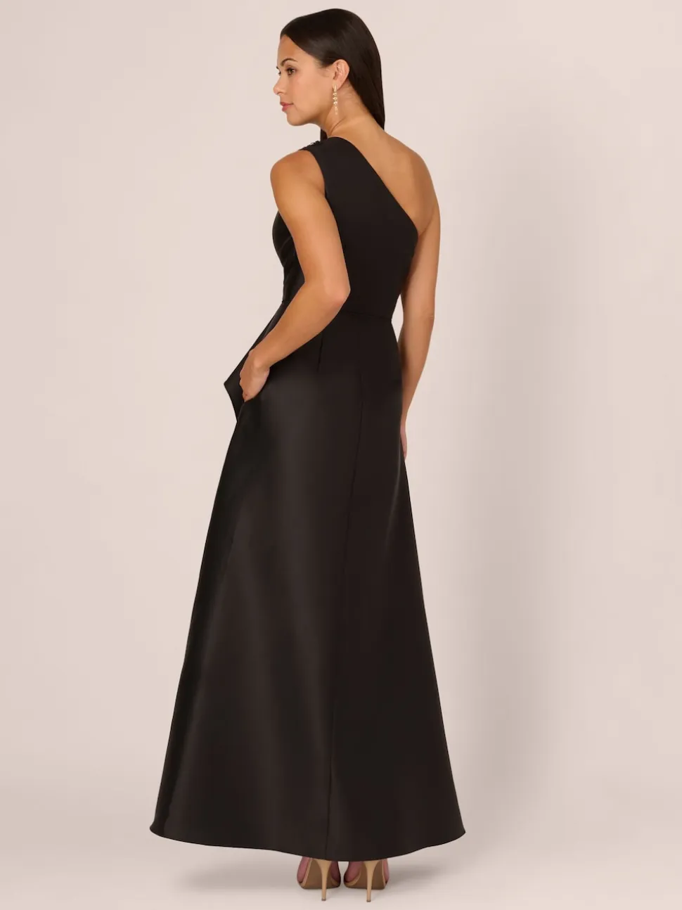 Adrianna Papell Studio One Shoulder Mikado Black Gown