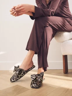 Animal Linen Blend Bow Mule Slippers