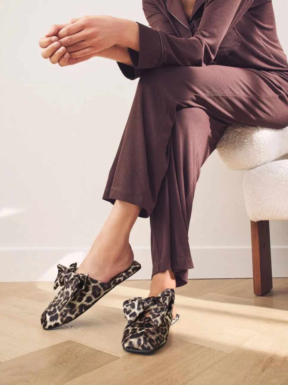 Animal Linen Blend Bow Mule Slippers