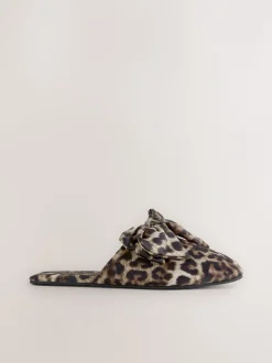 Animal Linen Blend Bow Mule Slippers