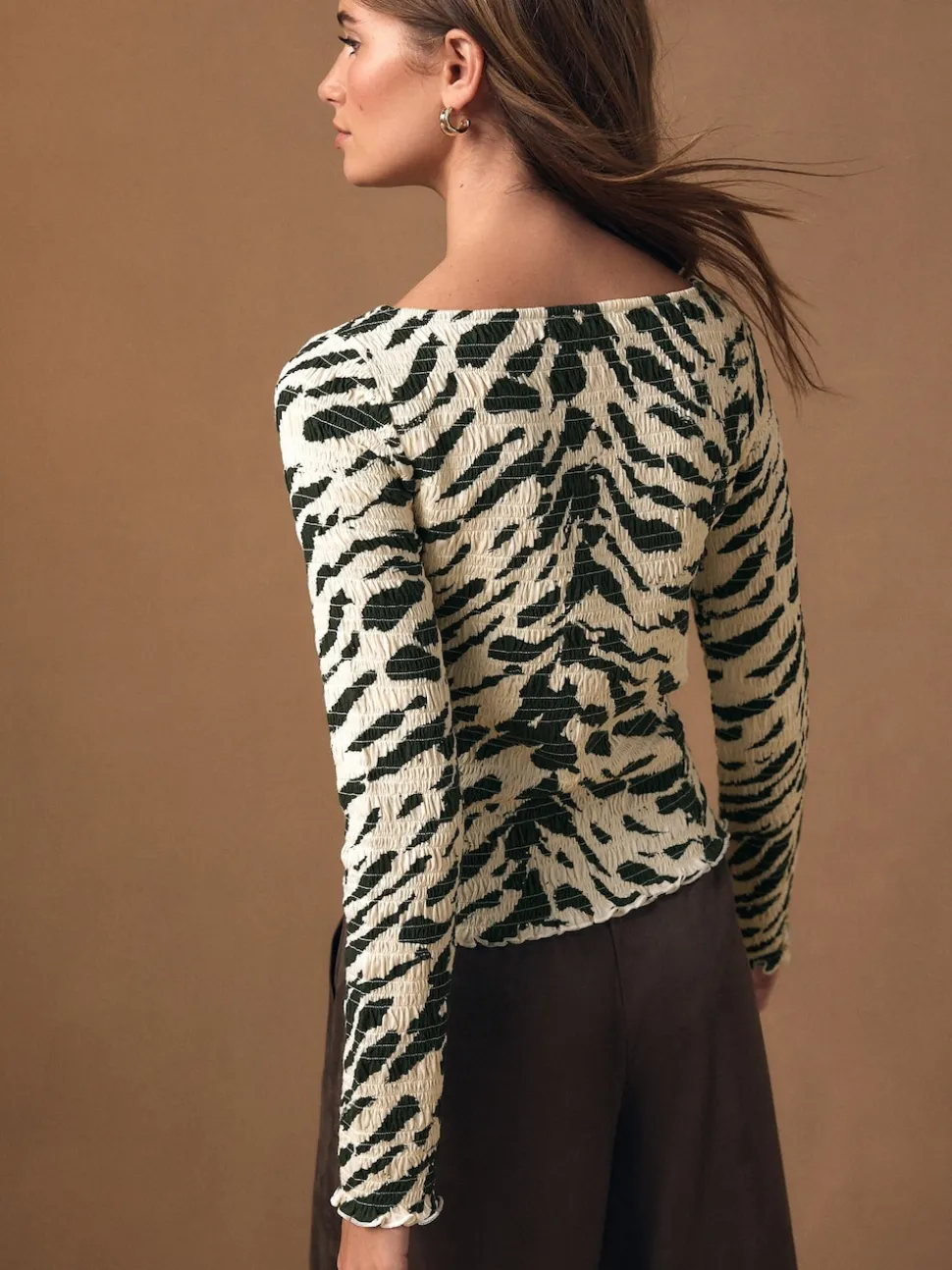 Animal Print Shirred Long Sleeve Slash Neck Top
