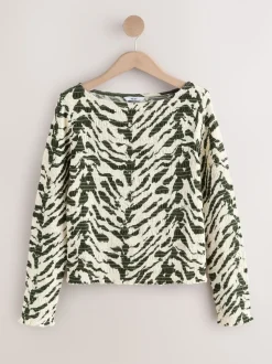 Animal Print Shirred Long Sleeve Slash Neck Top