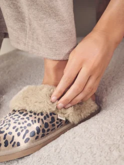 Animal Suede Faux Fur Lined Mule Slippers