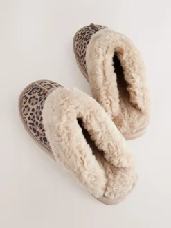 Animal Suede Faux Fur Lined Mule Slippers