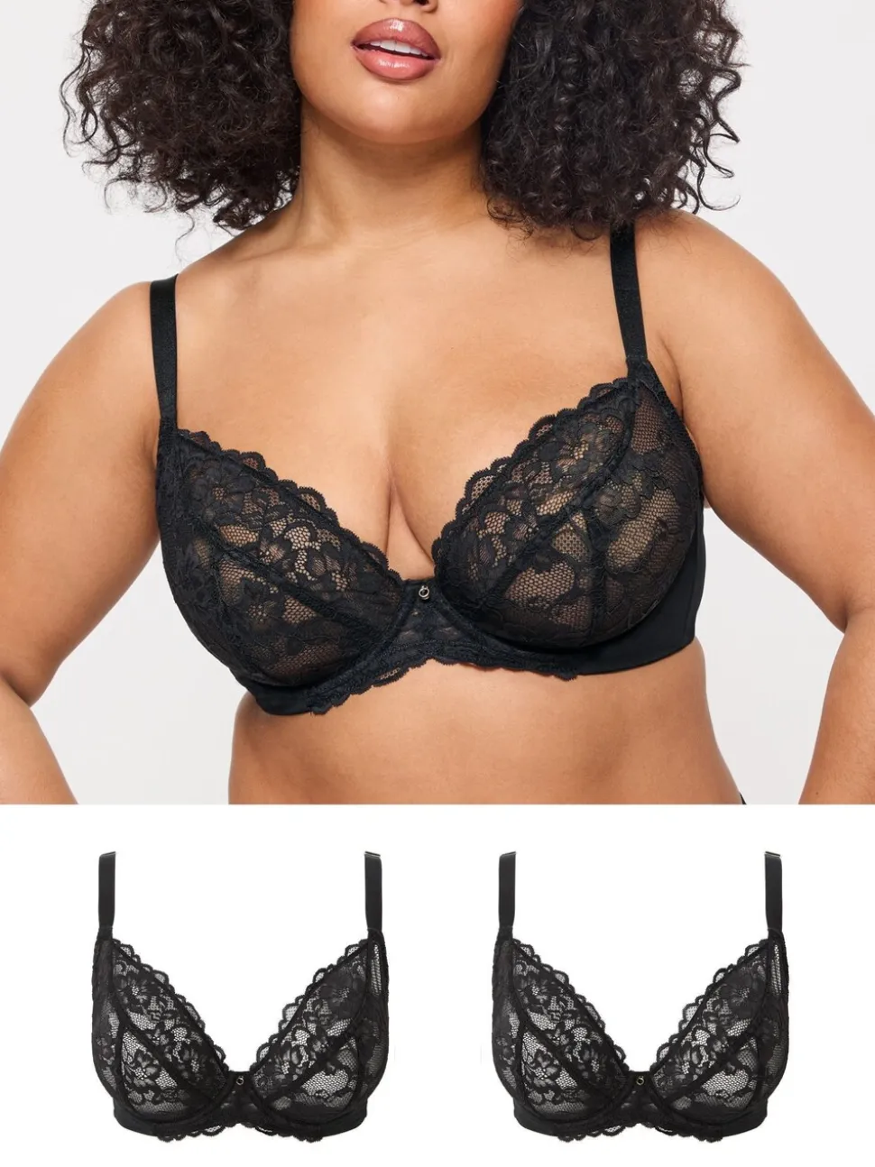 Ann Summers Black DD+ Non Pad Plunge Sexy Lace Underwired Bras 2 Pack