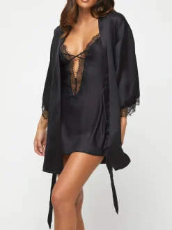 Ann Summers Black Satin Cherryann Robe Dressing Gown