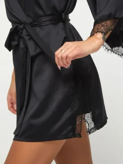 Ann Summers Black Satin Cherryann Robe Dressing Gown