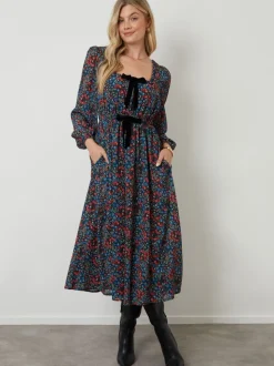 Another Sunday Black Bow Detail Milkmaid Midi Dress