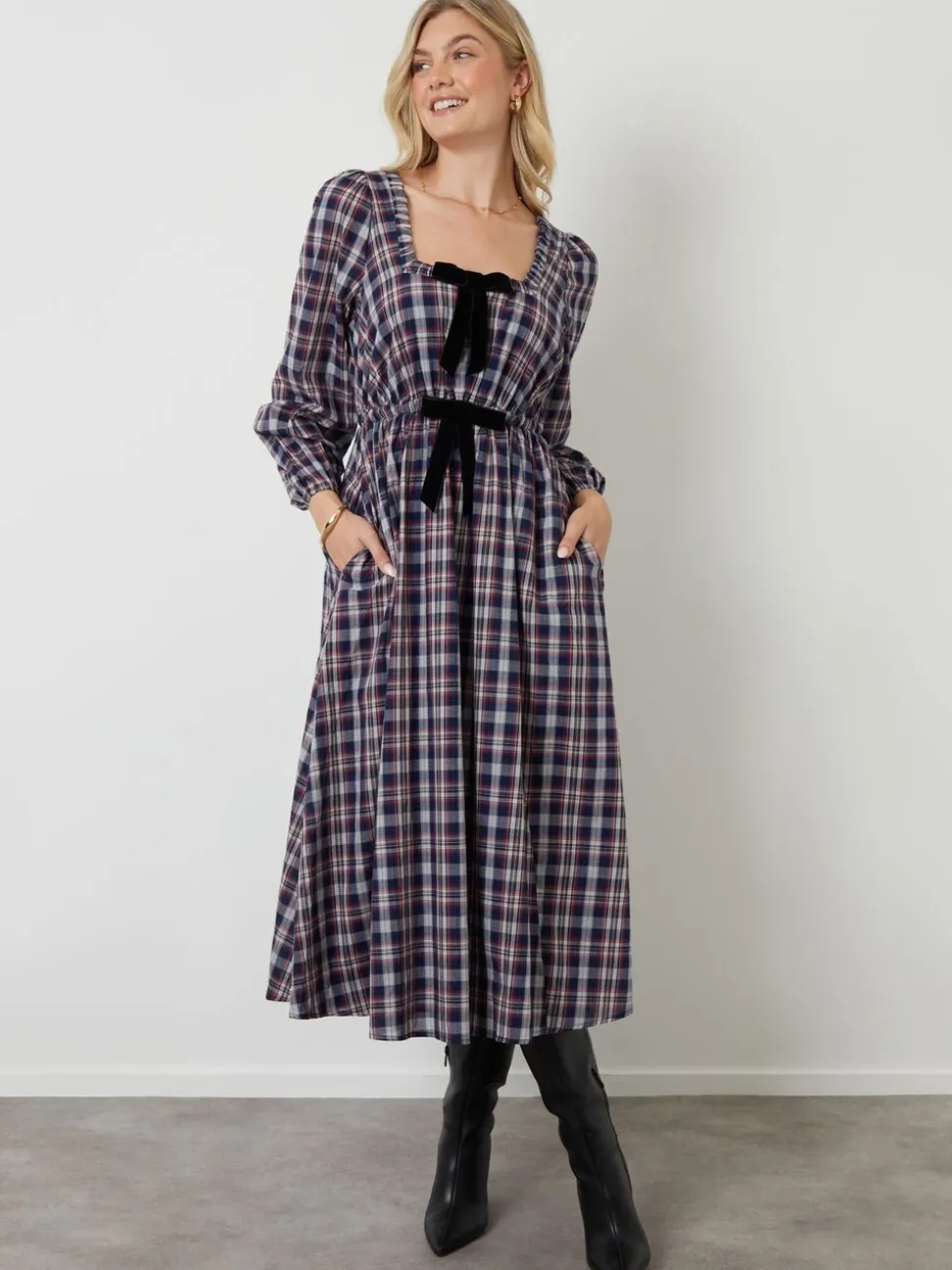 Another Sunday Blue Bow Detail Milkmaid Midi Dress
