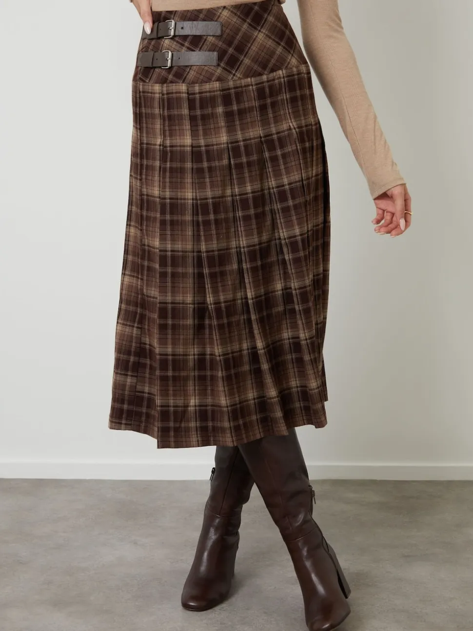 Another Sunday Brown Check Buckle Detail Midi Dress