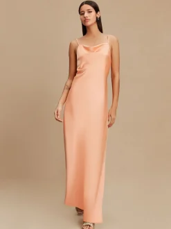 Apricot Satin Cowl Neck Wedding Guest Bridesmaid Maxi Dress