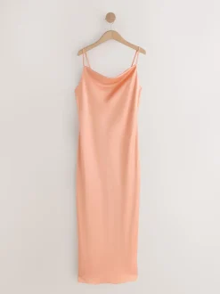 Apricot Satin Cowl Neck Wedding Guest Bridesmaid Maxi Dress