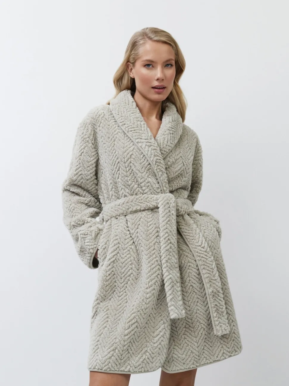 Aruelle Ela Luxury Mid Length Chevron Design Cream Robe