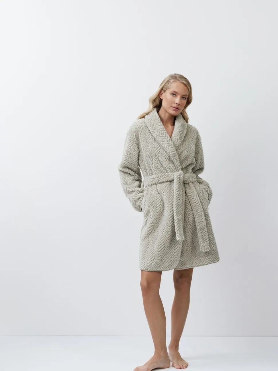 Aruelle Ela Luxury Mid Length Chevron Design Cream Robe