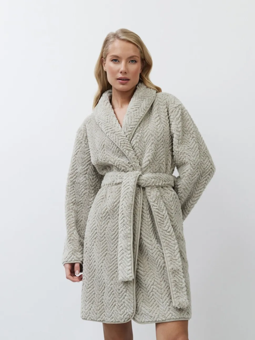 Aruelle Ela Luxury Mid Length Chevron Design Cream Robe