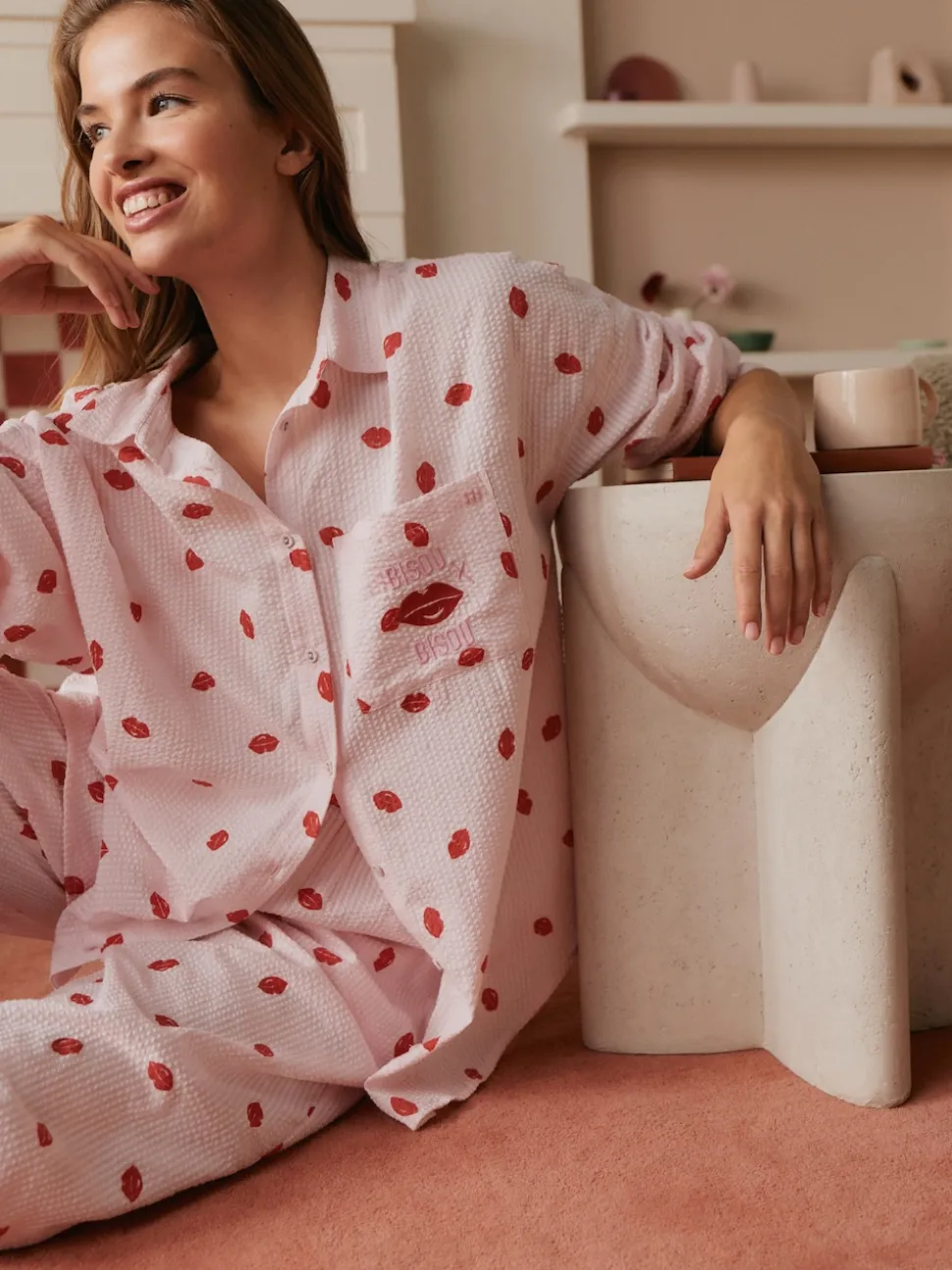 Bath & Body Works Pink/Red All Over Lips Button Through Cotton Pyjamas Set