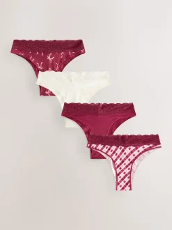 Berry Bow Print Extra High Leg Cotton Lace Knickers 4 Pack
