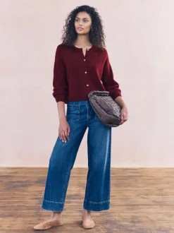 Berry Red Soft Touch Crew Neck Knitted Cardigan With Wool