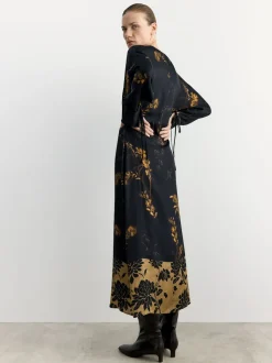 BHOEM Satin Floral Print Kimono Midi Black Dress