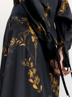 BHOEM Satin Floral Print Kimono Midi Black Dress