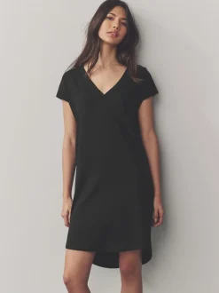 Black 100% Cotton Cap Sleeve V-Neck Mini Dress