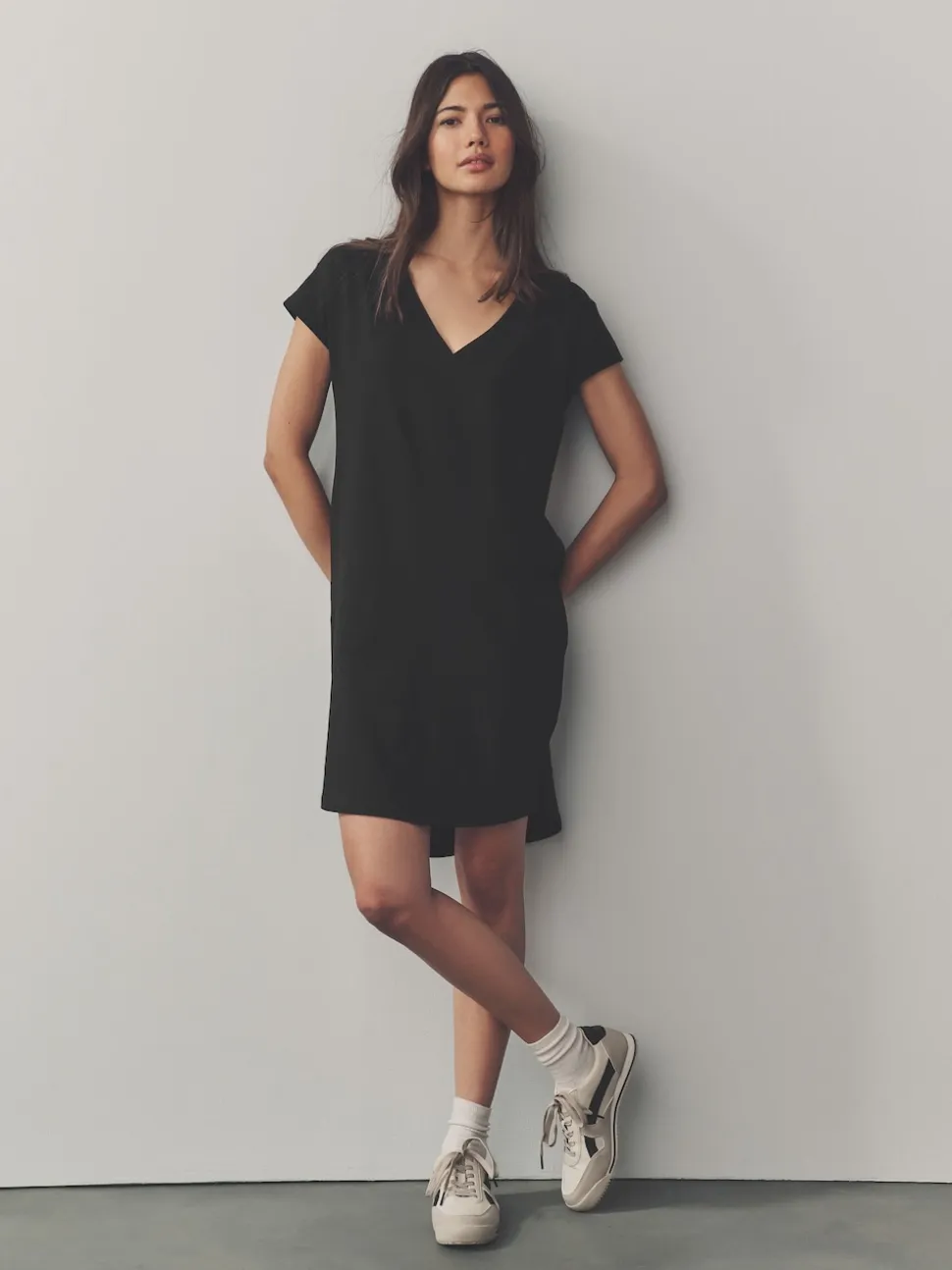 Black 100% Cotton Cap Sleeve V-Neck Mini Dress