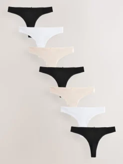 Black / Pastel Rose Nude / White Thong Cotton Rich Knickers 7 Pack