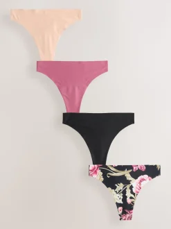 Black / Praline Nude / Pink Floral Thong No VPL Light Flow Period Knickers 4 Pack